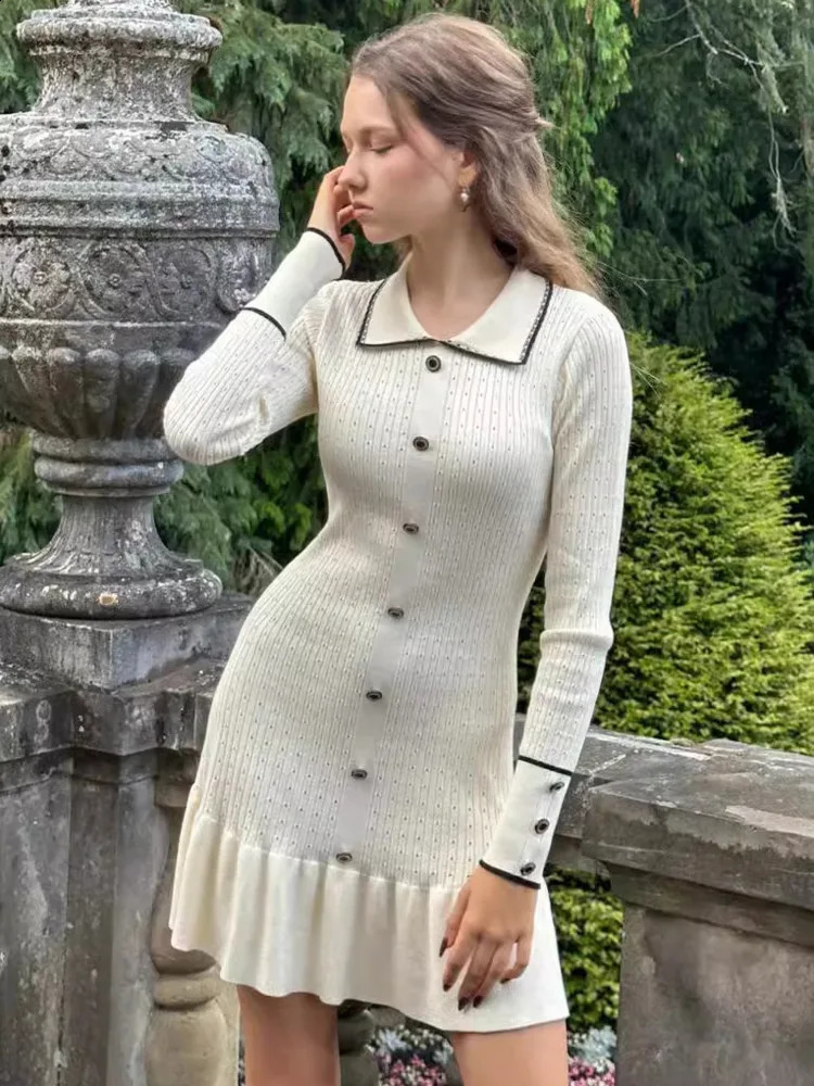 Mozision Autumn Long Sleeve Knit Dress For Women Fashion Lapel Single-btrasted Button High Waist Ruffled Mini Dress Knitwear 240819