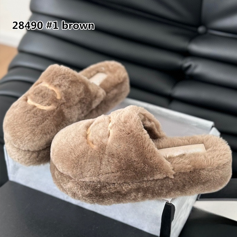 Winter Slippers Women Fur Slippers Platform Flat Heel Fluffy Furry Embroidery C Shoes with box