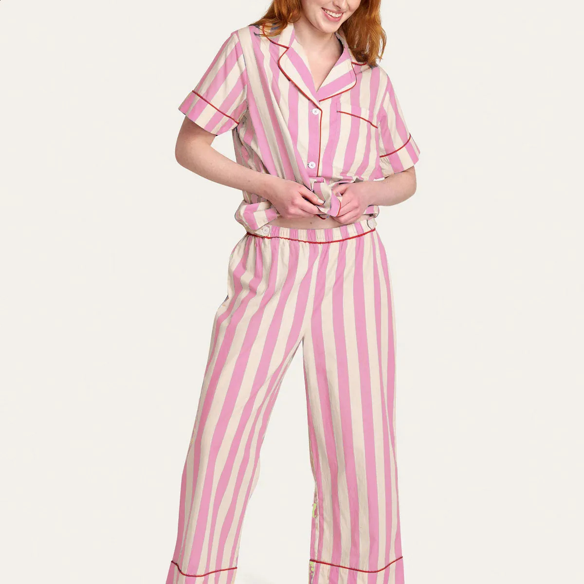 Hirigin Women Cute Y2k Pajama Set Striped Printed Long Sleeve Button Down Sleepwear 2 Piece Satin Loungewear Pj Set 240810