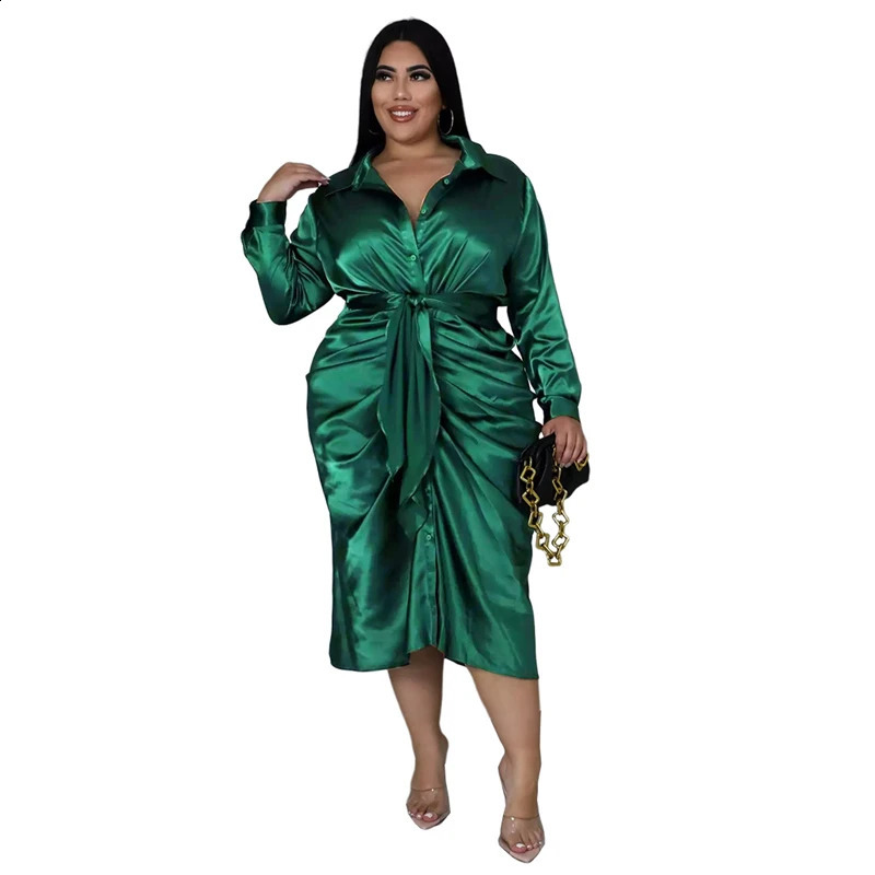 Shirt Women With Lace Up Long Sleeve Clothing Plus Midi Dress Sexy Satin Dresses Big Size Wholesale Drop 240810