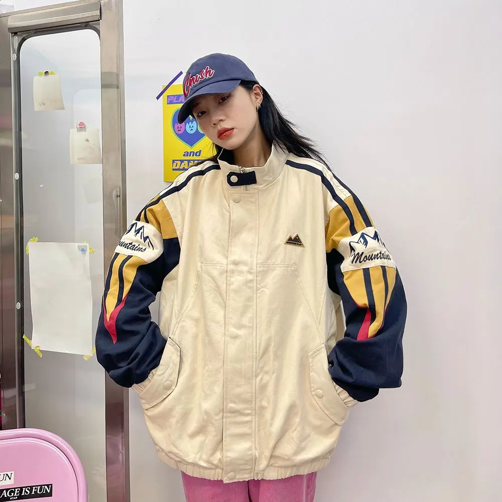 American Stand Collar Coat Men Autumn Harajuku High Street Colorful Punching Jacket Unisex Oversize Patchwork Baseball Uniform 240810
