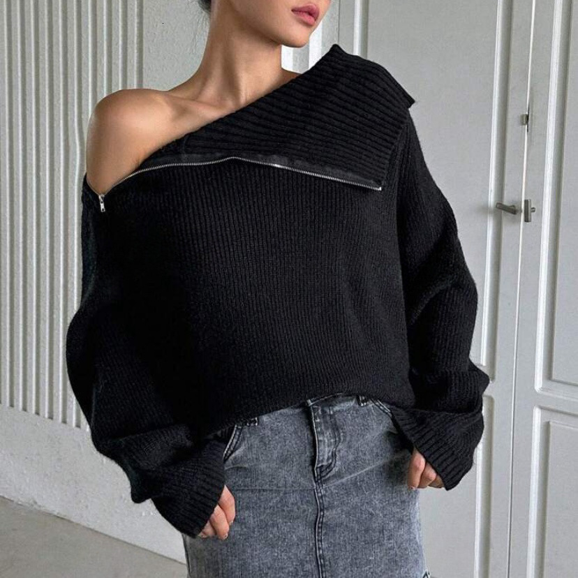 Sweater Womens Autumn/winter Womens New Loose Medium Long Style Lazy Wind Side Zipper Collar Knitted Sweater Women