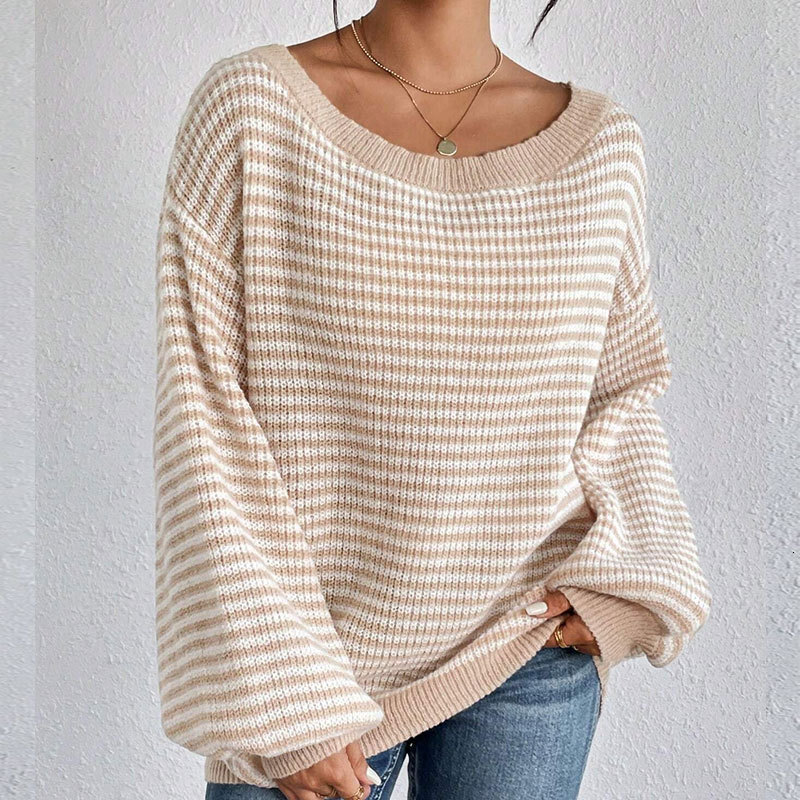 Autumn and Winter New Loose One Shoulder Off Shoulder Knitted Sweater with Lantern Sleeves and Striped Sweater for Women