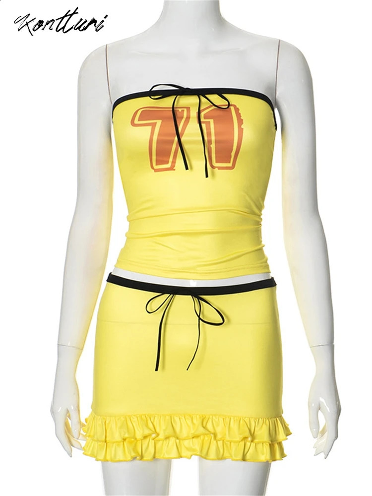Kontturi Summer Streetwear Y2k Two 2 Piece Sets Women Outfit Slash Neck Crop Tops Yellow Pleated Mini Skirts Matching Sets 240810