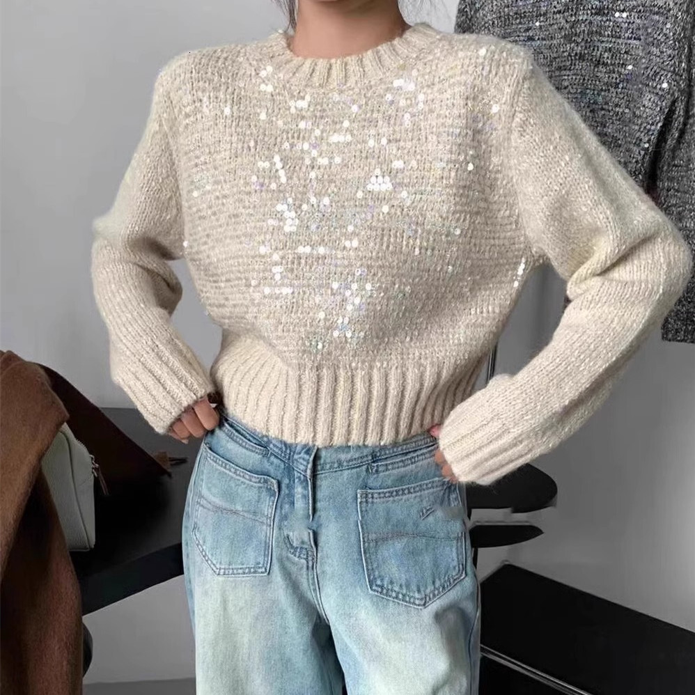 French sequin knit top for women's autumn and winter, new lazy style pullover with round neck, heavy-duty, super beautiful short sweater dongduma