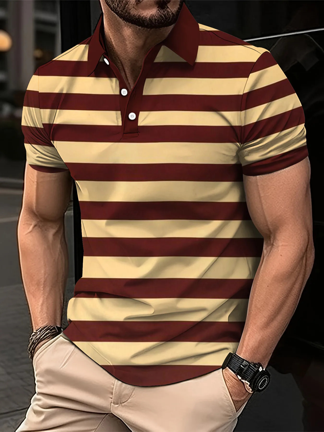 2024 Mens Summer Short Clothes Sleeved Lapel 3D Digital Printed Striped Polo Shirt Mens Business Casual Top Clothes 240810
