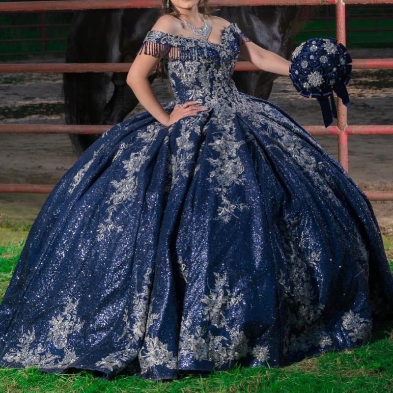 Navy Blue Quinceanera Dresses Ball Gown Off The Shoulder Appliques Lace Beads Vestidos De 15 Formal Princess Party Birthday Sweet 16