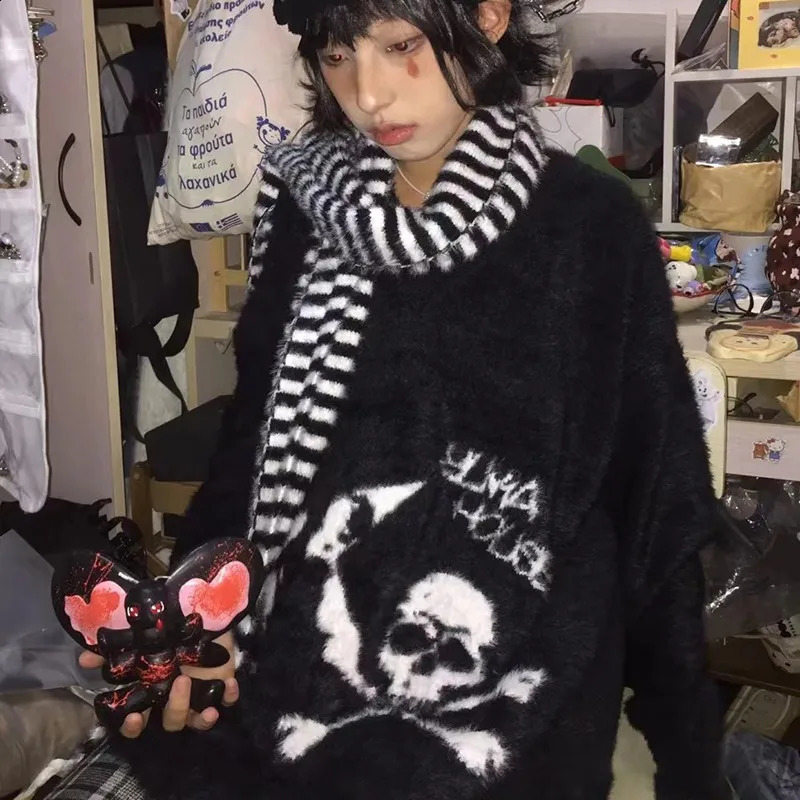 Karrram Gothic Skulls Sweater Grunge Dark Aesthetics Knitted Jumper V-neck Harajuku Loose Mohair Pullover Emo Alt Knitwear Y2k 240812
