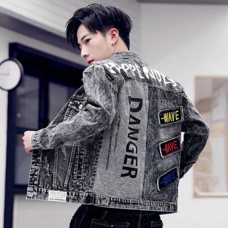 Button Hip Hop Casual Slim Short Autumn with Print Denim Jackets Man Black Gray Jeans Coat for Men on Board High Quality Fashion 240816