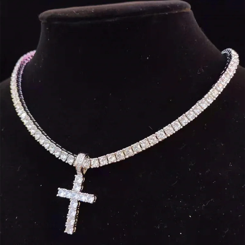Mens Hip Hop Cross Pendant Necklace Zircon Tennis Chain Ice Sparkling Necklace Hip Hop Jewelry Fashion Gift 241018