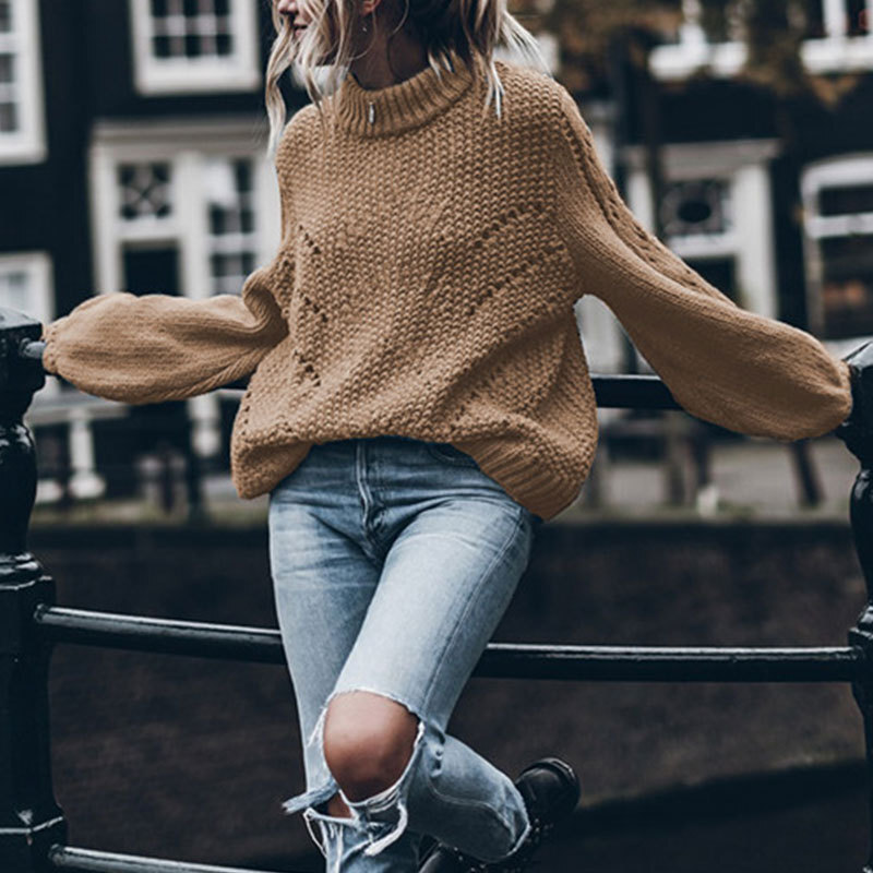 Autumn and Winter New Fashion Thick Thread Solid Round Neck Pullover Long Sleeve Hollow Hole Sweater