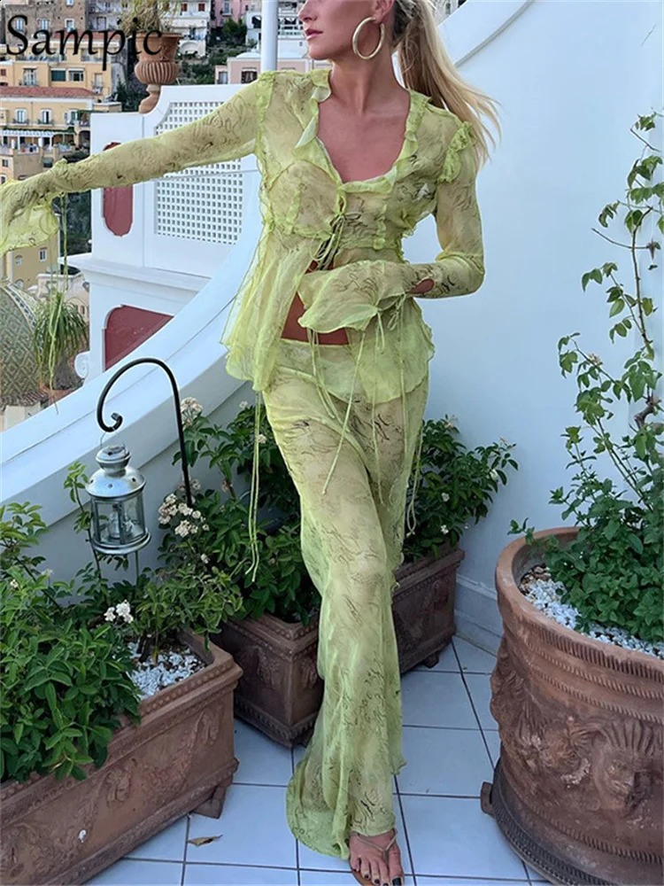 Sampic Print Y2K Mesh Long Sleeve Top Shirts Green And Maxi Skirt Bodycon Sexy Two Piece Sets Beach Outfits Women Club 240810