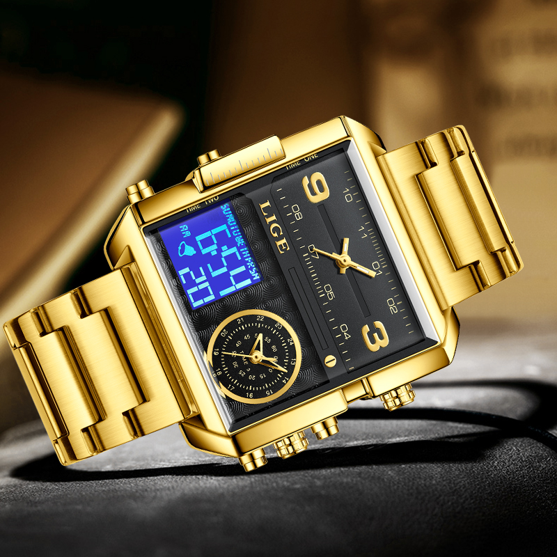 LIGE Men's Stainless Steel Strip Electronic Watch Multi functional Waterproof Alarm Clock Timing Code Sports Watch