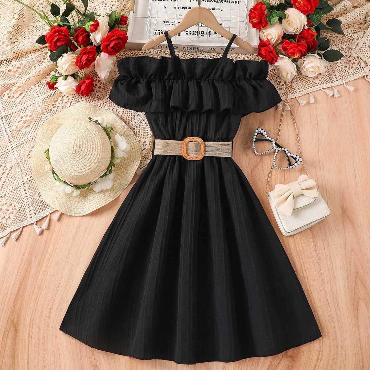 Girls casual dress single line shoulder strap patchwork lace dress childrens clothing girls aged 8 to 12 princess dress W250326