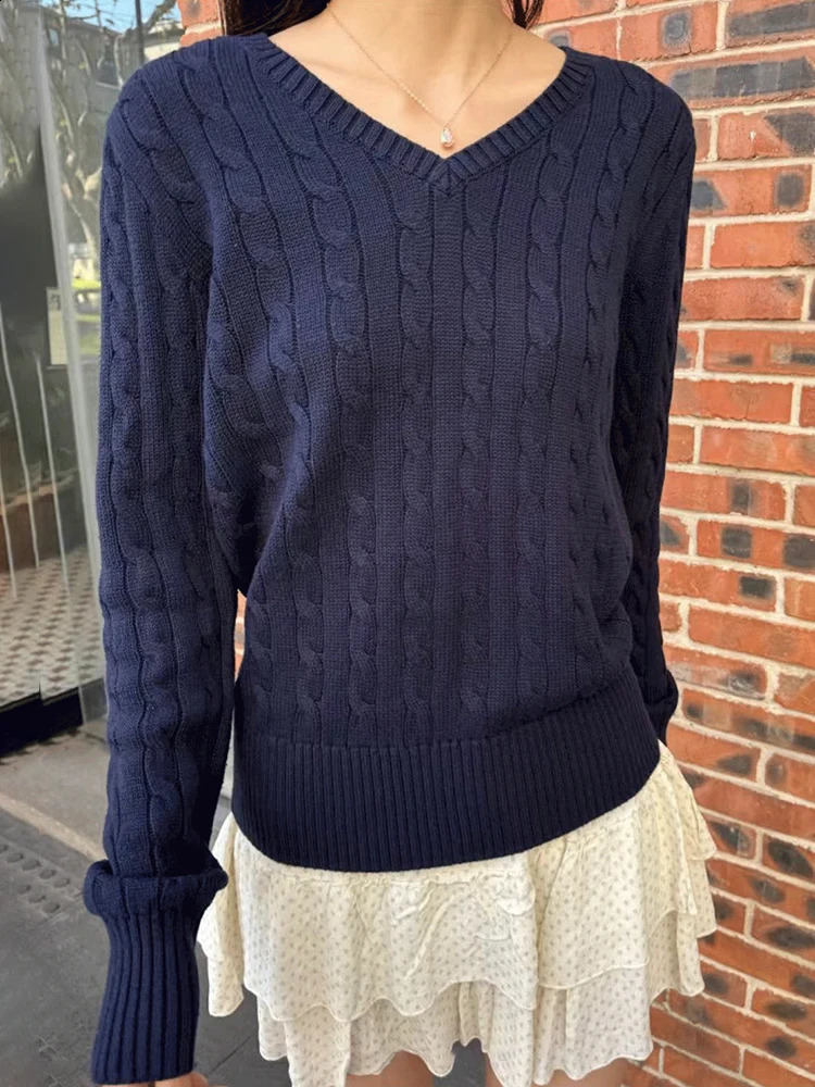 Solid Twisted Flower Knitted Sweater For Women Autumn Winter Cotton V Neck Slim Pullovers Tops Sweet Preppy Style Jumper Y2k 240812