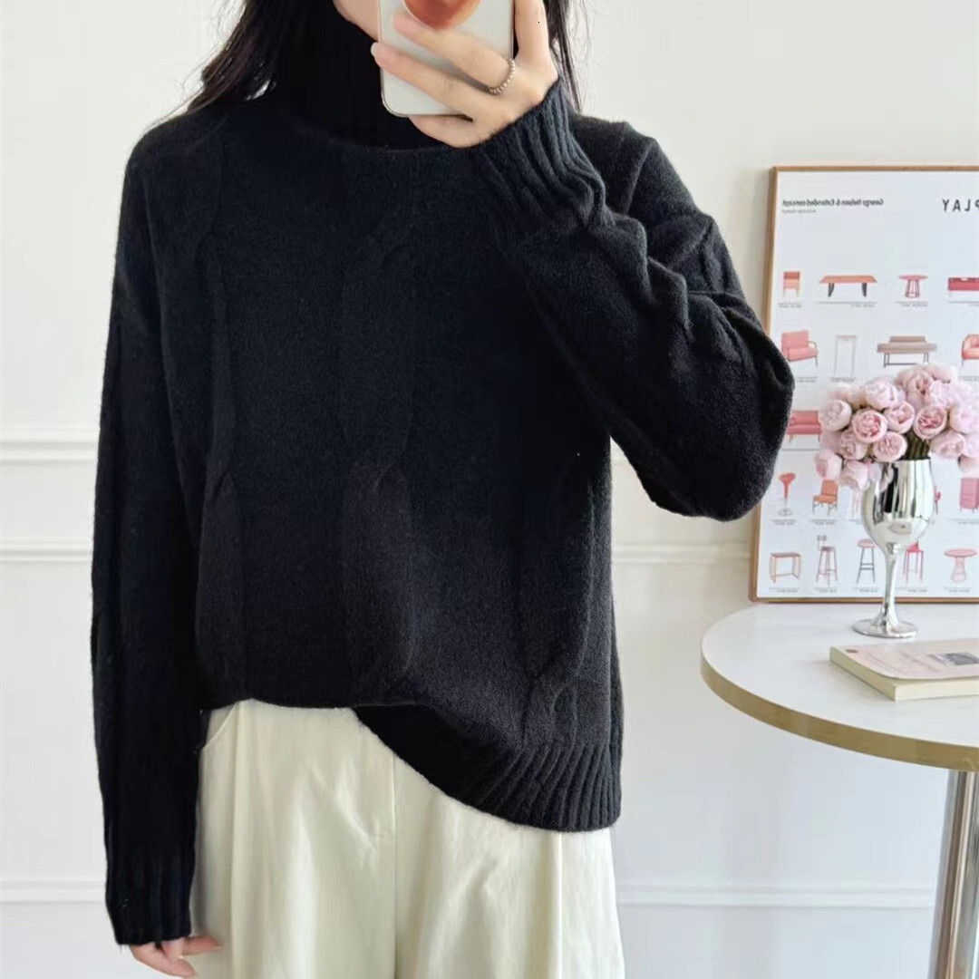 Wind Fried Dough Twists High Collar Pullover Sweater Autumn and Winter New Style Solid Color Broken Knit Undercoat for Women dongdumaoyi