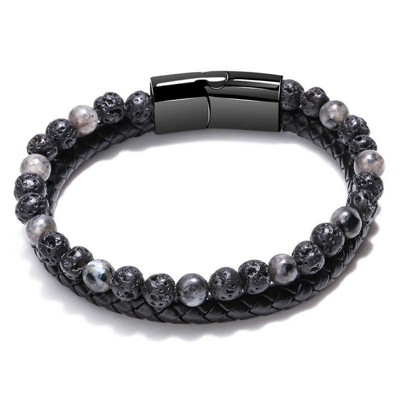Charm Bracelets Volcanic tiger Eyes beaded natural stone bracelet men's cowhide rope bracelet string European and American style hand ornaments Y