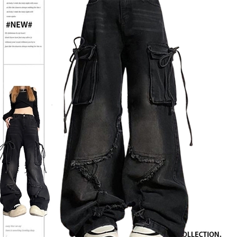 Womens Black Gothic Baggy Cargo Jeans with Star Haruku Y2k 90s Aesthetic Denim Trousers Emo 2000s Jean Pants Vintage Clothes 240806CJ