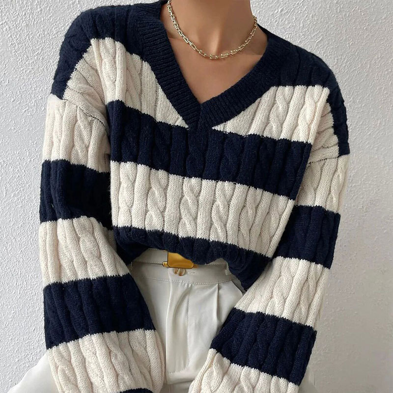 Autumn and Winter Sweater Womens Versatile Pullover V-neck Long Sleeve Fried Dough Twists Stripe Contrast Knit