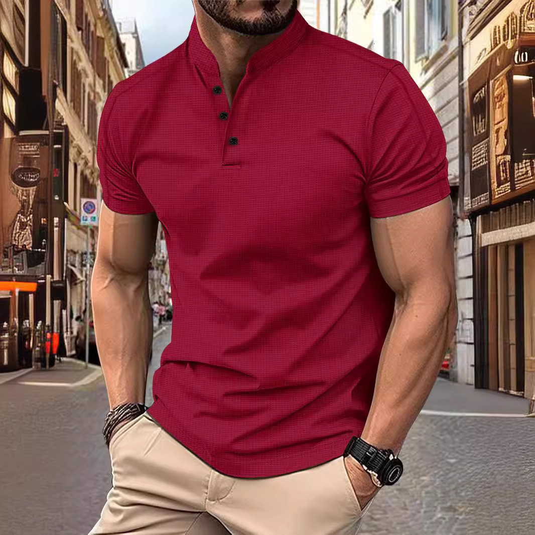 Mens Short Sleeved Stand Up Collar Waffle Henry Collar Casual Short Sleeved Polo Shirt