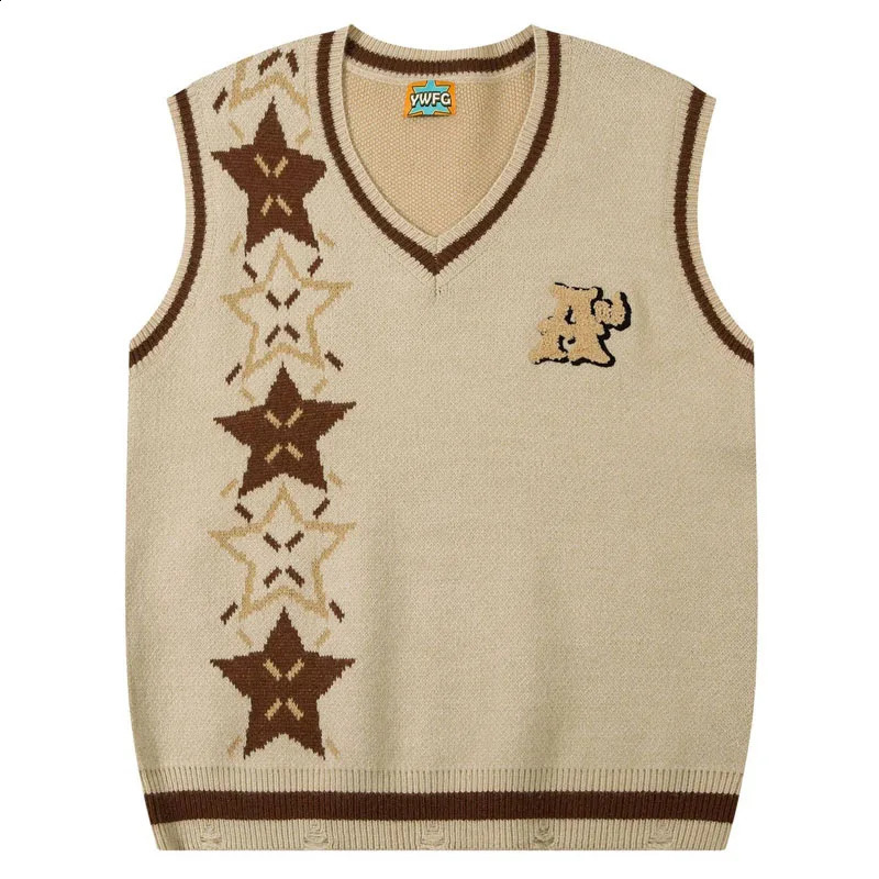 Japanese V-neck Sleeveless Sweater Men Star Print College Style Casual Knitted Vest Women Harajuku Loose Pullover Jumpers Winter 240810
