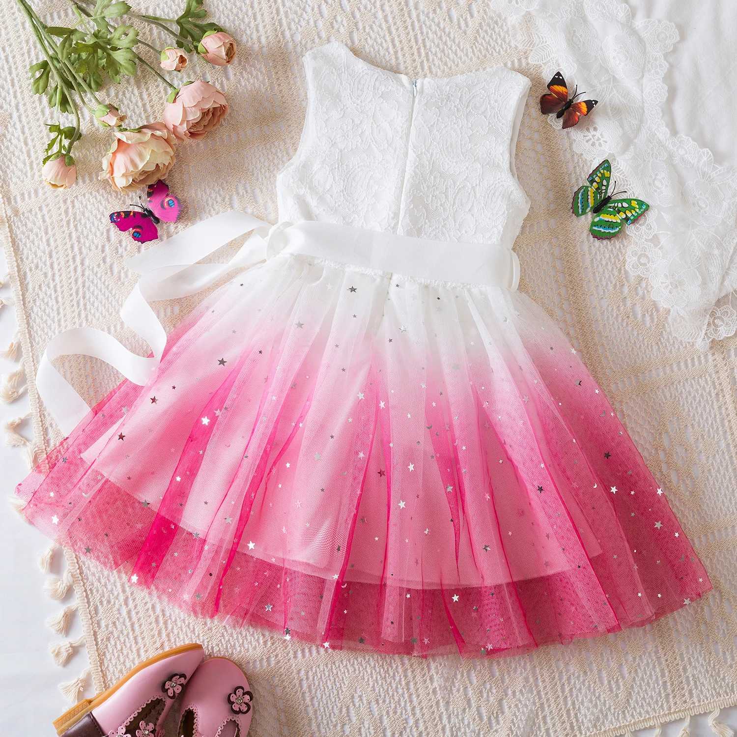 White lace summer dress girls short sleeved childrens birthday princess costume Tutu wedding dress floral girls dress 3-8 years old W250111
