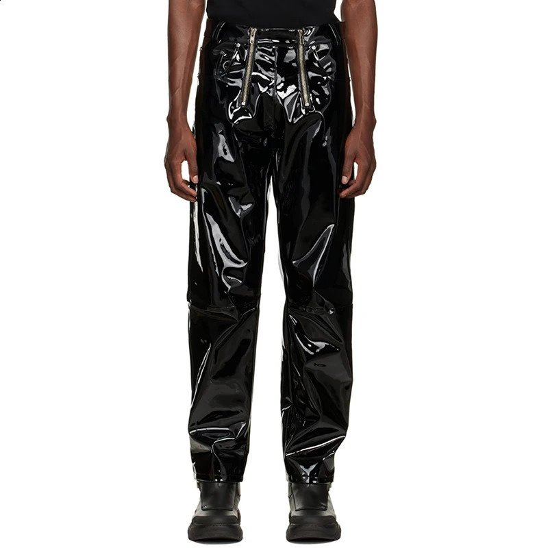 Mens Fashion Shiny Faux Leather Straight Pants Male Splicing Glossy PU Slim Trousers With Pockets Party Street Clubwear Custom y240812