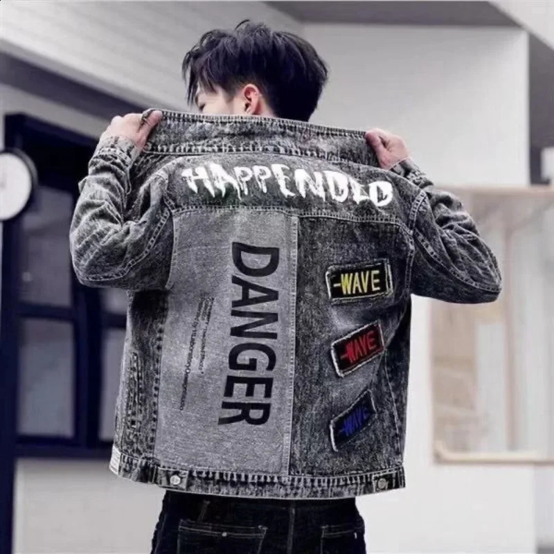 Button Hip Hop Casual Slim Short Autumn with Print Denim Jackets Man Black Gray Jeans Coat for Men on Board High Quality Fashion 240816