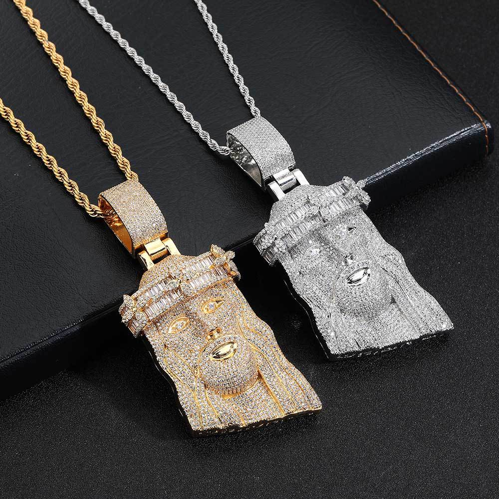 Hip Hop Jesus Face Pendant Necklace T Square Zircon 18k Real Gold Plated Mens Jewelry