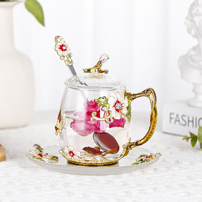Enamel decorated tea cup household glass round water cup