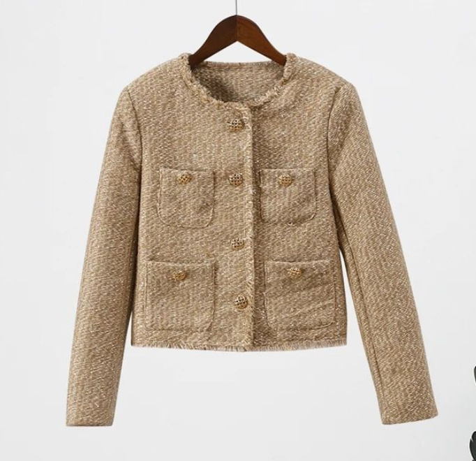 Women's Jackets Women Elegant Pockets Tweed Bomber Jackets Fashion Solid O-neck Single Breasted Warm Coats Female Autumn Chic Crop Outwear Coat