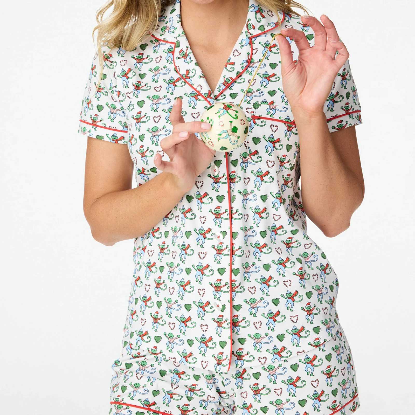 Womens Sleepwear Womens Cute Roller Rabbit Pajama Monkey Print Slep Womens Pajama Shorts Set 2-piece Short Sleve Pre made Matching Pj Set T240809