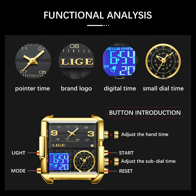 LIGE Men's Stainless Steel Strip Electronic Watch Multi functional Waterproof Alarm Clock Timing Code Sports Watch