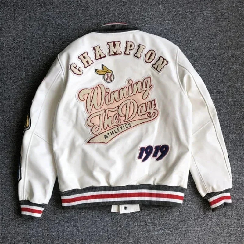 Mens spring and autumn baseball uniform Y2K retro trend leather jacket heavy industry embroidery white short coat ins 240816