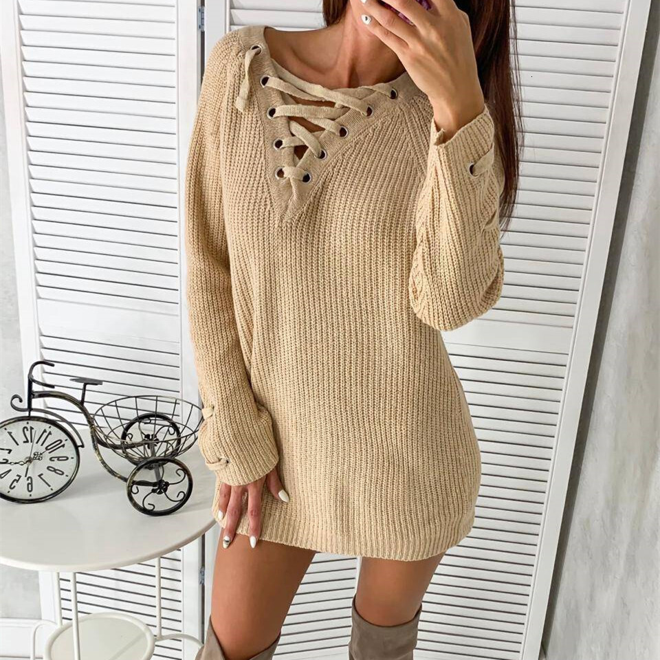 New streetwear fashion women's sexy chest cross thick strap loose mid length knit sweater dongdumaoyi