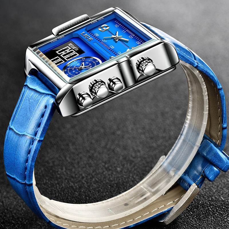 LIGE new dual display electronic watch men's waterproof timing code watch multifunctional leather strap watch