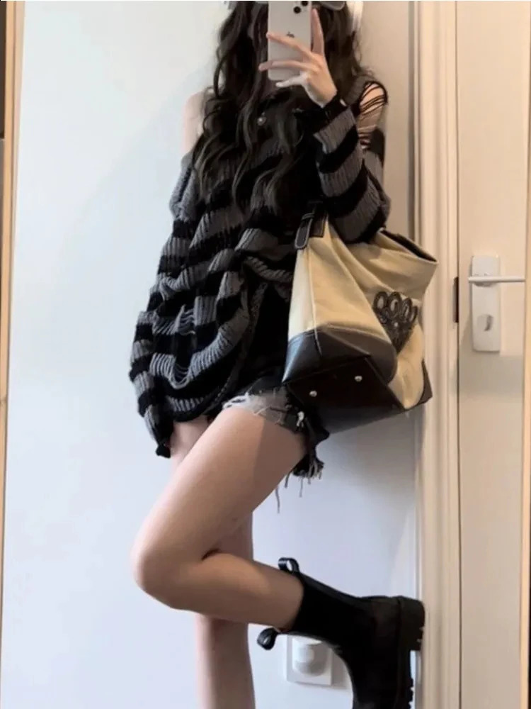 Gothic Sexy Hollow Out Sweaters Women Y2K Striped Loose Long Sleeve Punk Knitted Jumpers Streetwear Harajuku Hip Hop Tops 240812