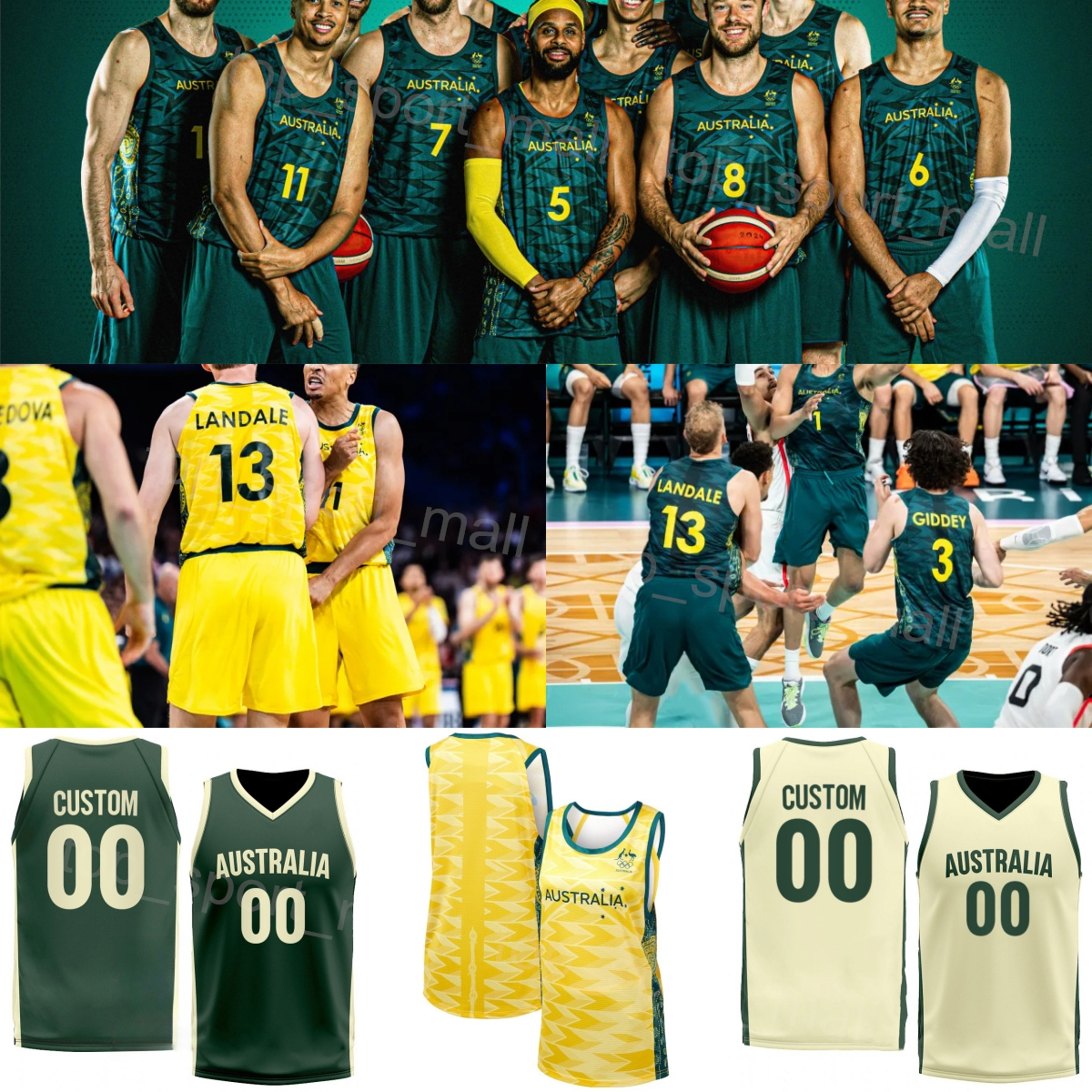 Print 2024 Basketball Australia Jersey Aussie Boomers 13 Jock Landale 1 Daniels 5 Patty Mills 3 Josh Giddey 15 Nick Kay 11 Dante Exum National Team Shirt Green Yellow