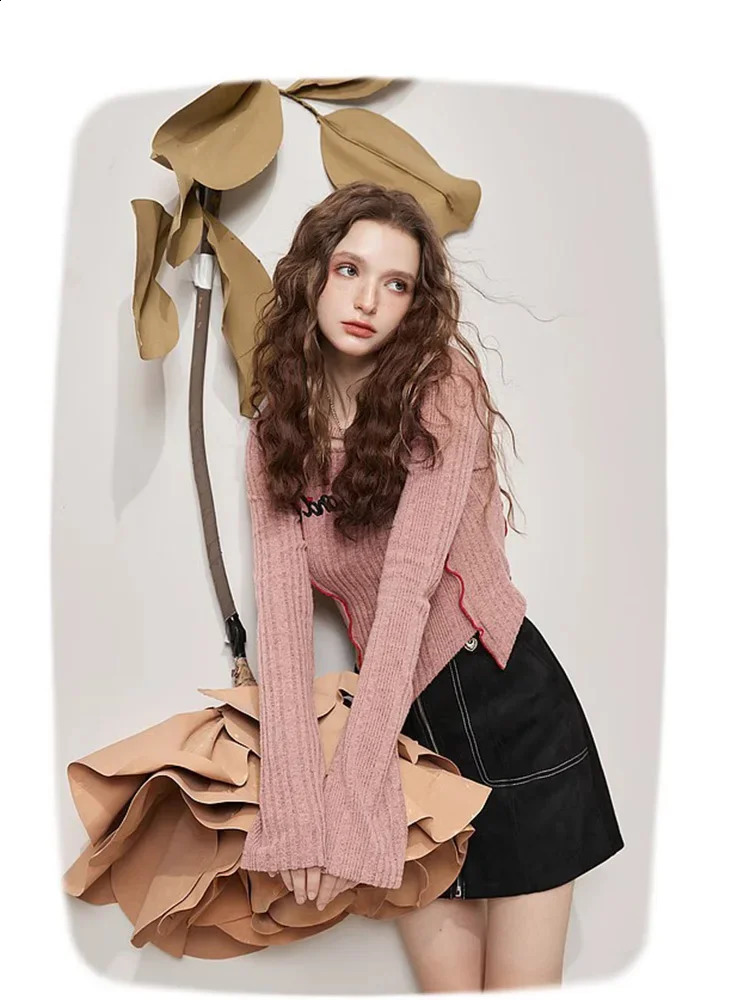 Womens Pink Pullover Knit Sweater Y2k Aesthetic Vintage Harajuku Elegant Long Sleeves Sweaters Fashion 2000s Clothes 240812