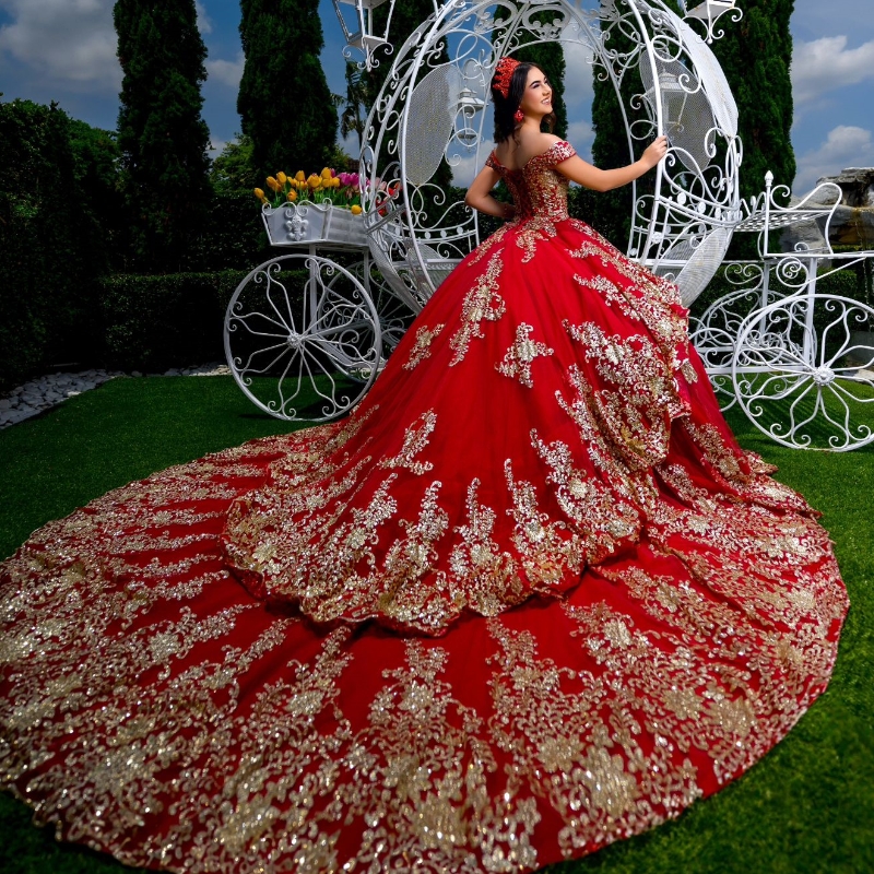 Red 2024 Off The Shoulder Gold Sequins Lace Appliques Pearl Ruffles Sweet 16 Dress Vestidos 15 De Quinceanera