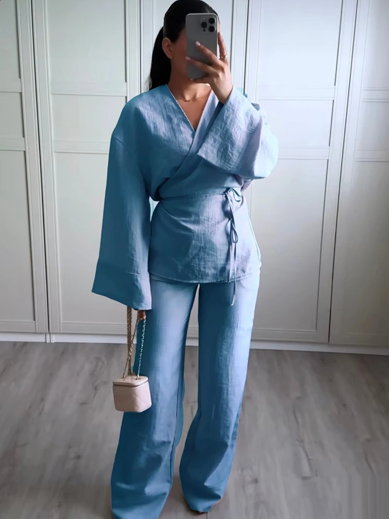 Womens casual lace shirt set 2 pieces loose long sleeved top drawstring pants soft womens clothing for springsummer 2024 240809