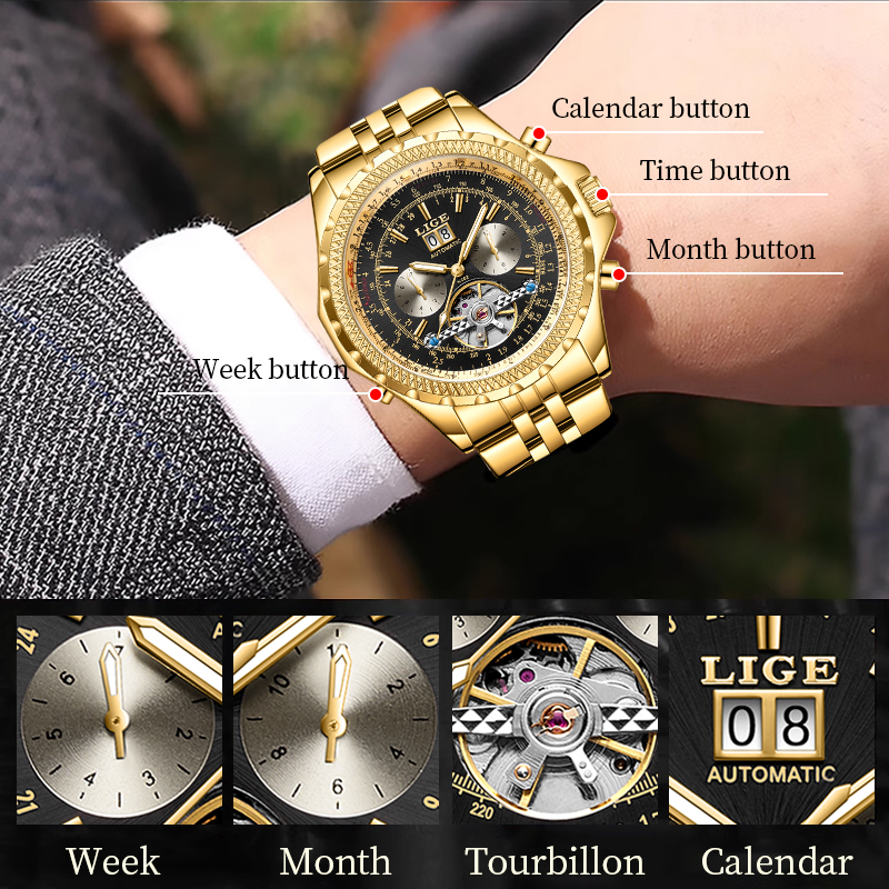 LIGE Youth fashion Mechanical Watch Men's waterproof watch Holiday Gift Luxury brand watch Multi-functional mechanical watch Calendar week
