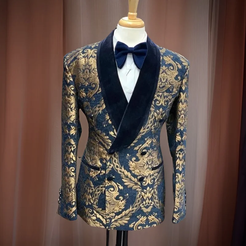 Floral Slim Fit Blazer for Men Suit 1 Pc Smoking Wedding Jacket with Velvet Shawl Lapel Double Breasted Male Fashion Coat 2024