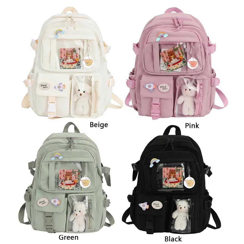 College Student Rucksack Fashion Casual Book Bags Nylon with Plush Pendant Pin Cute Large Capacity Japanese Style for Teen Girls Y240809