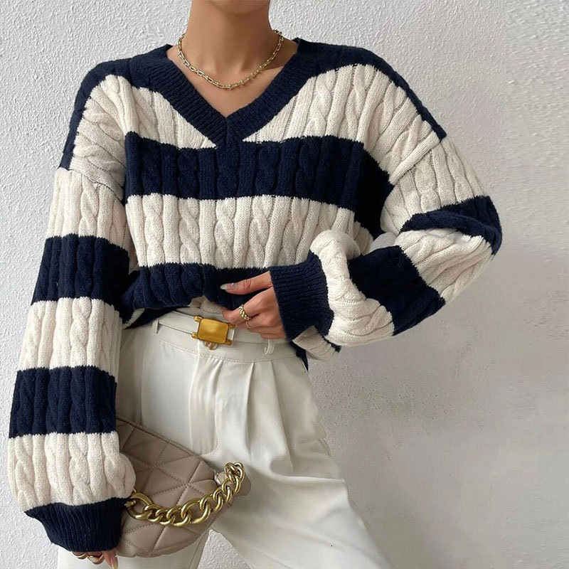 Autumn and Winter Sweater Womens Versatile Pullover V-neck Long Sleeve Fried Dough Twists Stripe Contrast Knit