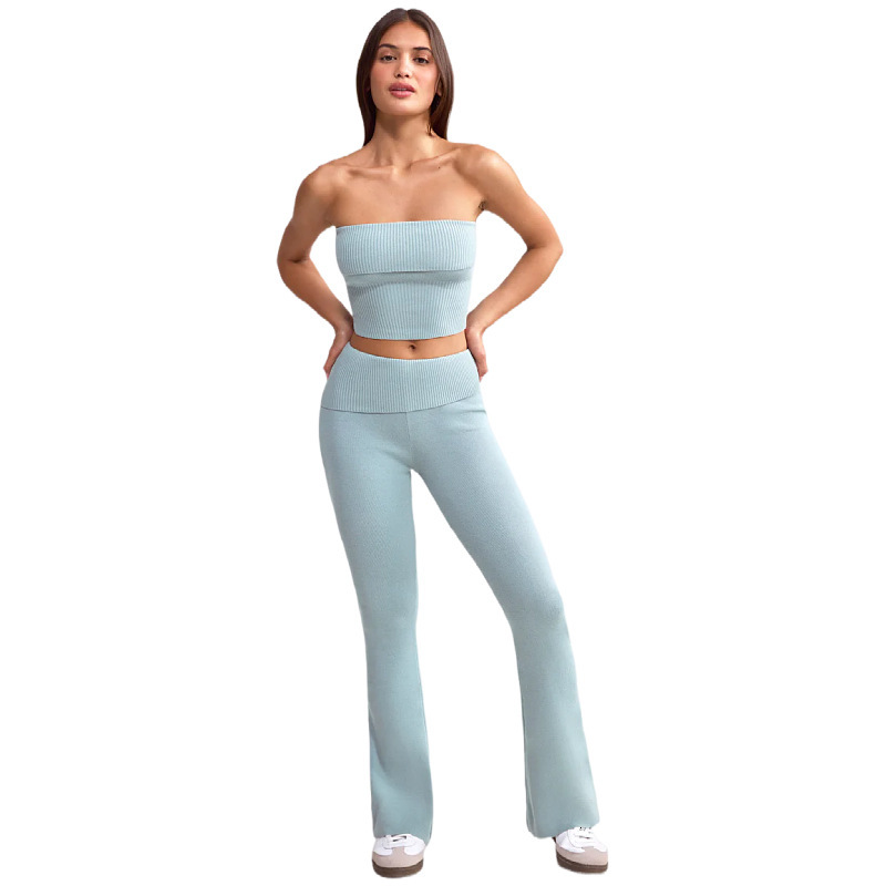New Spicy Girl Womens Summer Suit Strapless Top Flared Pants Yoga Suit Two-piece Set for Women