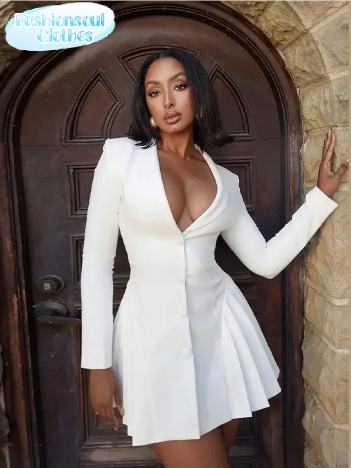 Sexy deep V single chest pleated mini dress for women elegant long sleeved high waisted white short skirt womens commuting vest 240809