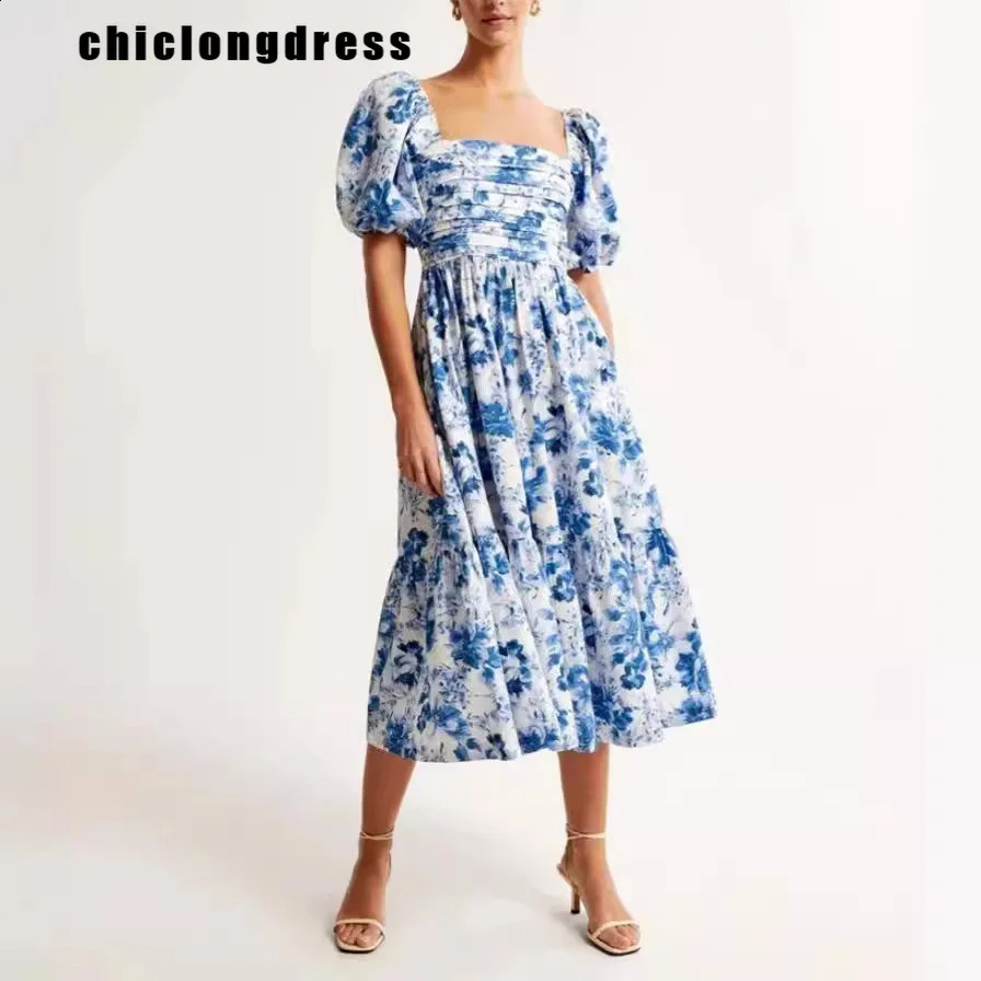 Summer Fashion Printed Dress Women Causal Beach Style Puff Sleeve High Waist A-line Dress Women 240810