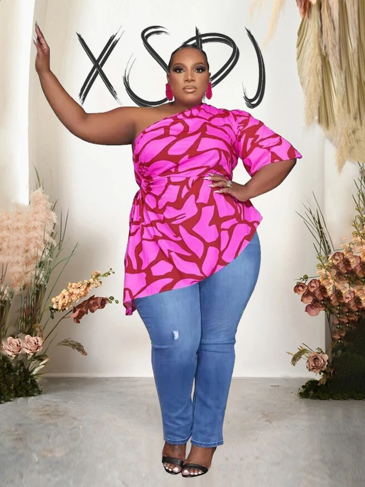 Chic Woman Blouse Short Sleeve Fashion Elegant Tight Tops Summer Blouse One Shoulder Blouse Plus Size Wholesale Drop 240810