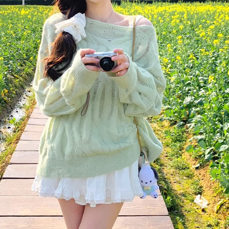 Lazy hollow out pullover knitted for women, early autumn mint mambo style hooded sweater, loose sweater design sense top dongdumaoyi